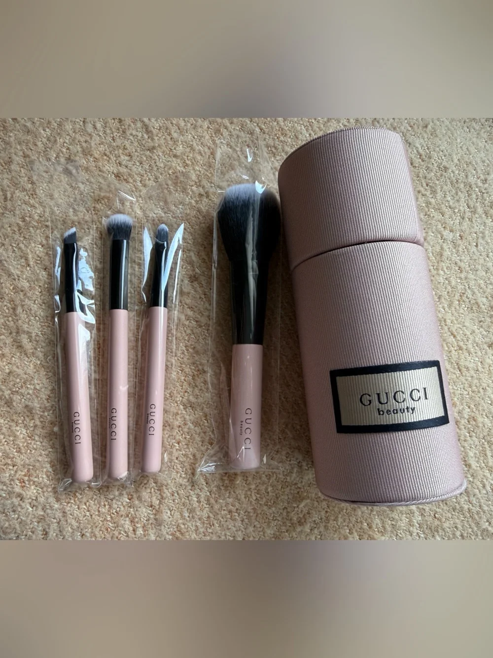 Gucci Pink Makeup Brush Set with Cylindrical Case